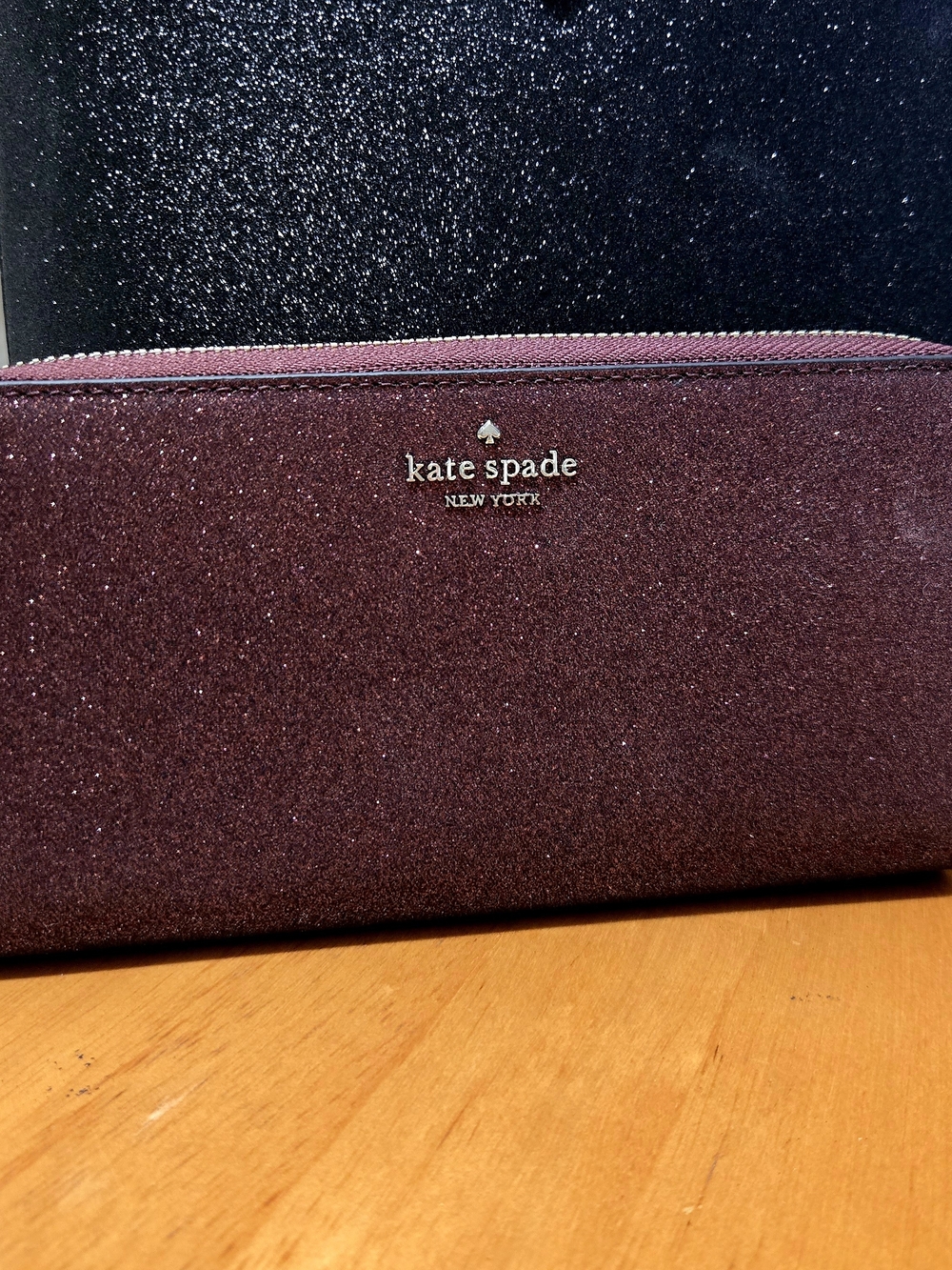 NWT kate spade glitter zip around wallet in Burgandy